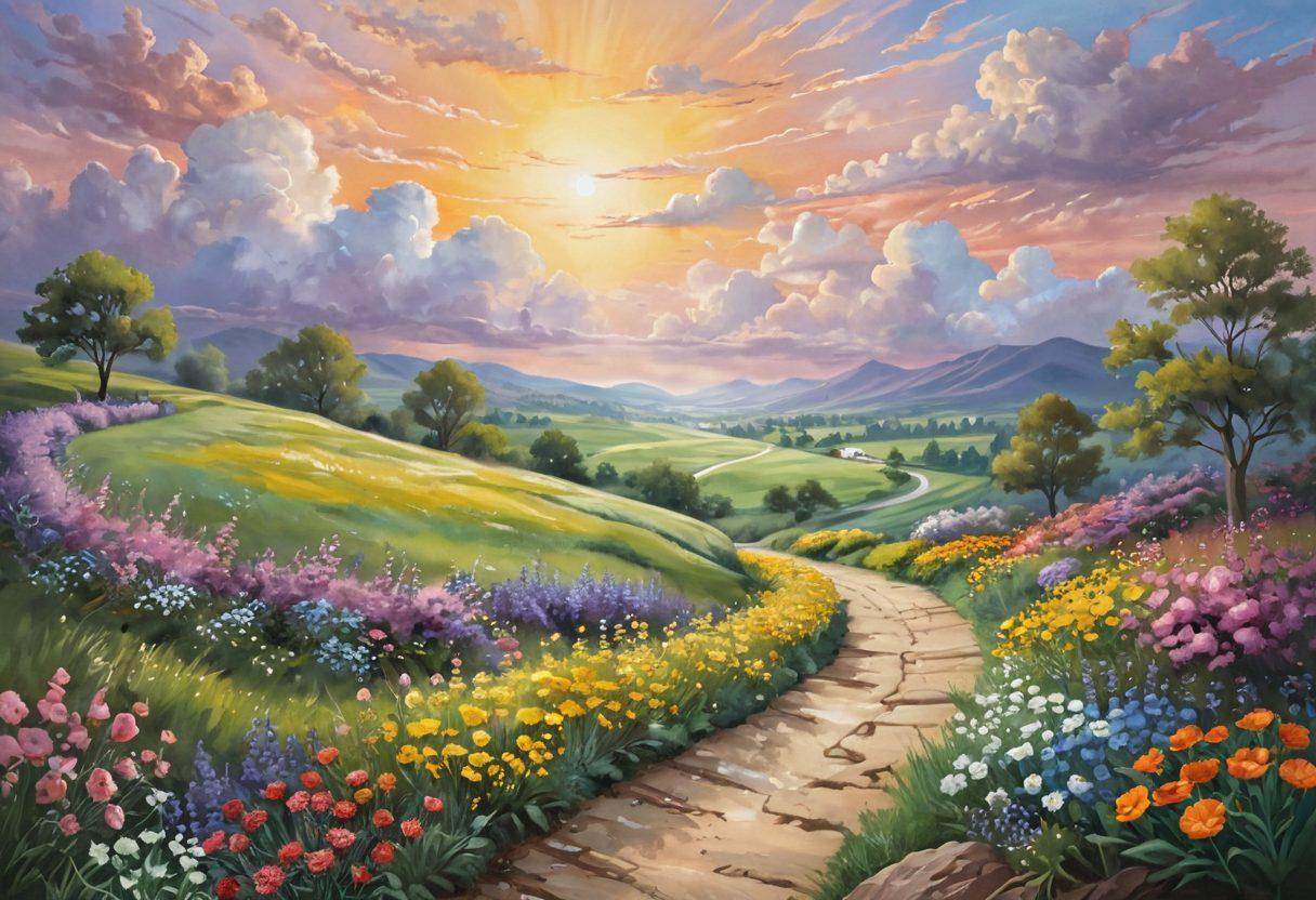 A serene and hopeful landscape featuring a winding path that represents the journey of cancer treatment; include symbolic elements like a sun breaking through clouds, a diverse group of people walking together, and blooming flowers symbolizing growth and resilience. The atmosphere should evoke a sense of community, support, and optimism. soft colors. painting.