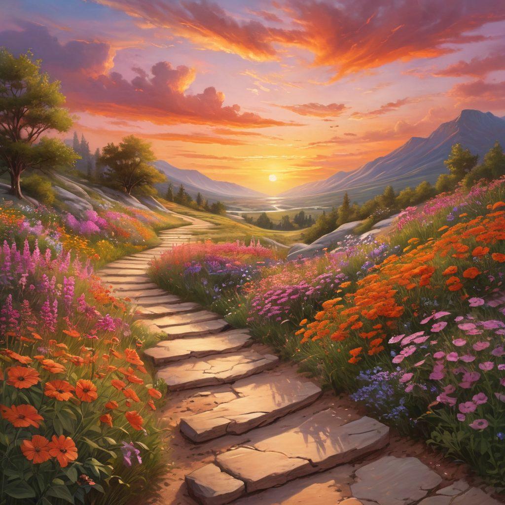 A serene landscape featuring a winding path symbolizing the journey from diagnosis to recovery, with vibrant wildflowers blooming along the way. Visual elements include a sunrise symbolizing hope, and diverse individuals engaging in supportive activities, emphasizing community and resilience. The sky is painted in warm hues of orange and pink, creating an uplifting atmosphere. super-realistic. vibrant colors. tranquil background.