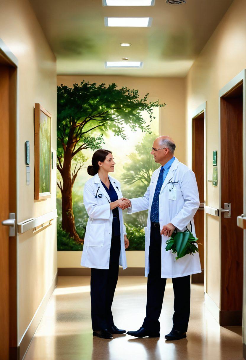 A compassionate oncologist guiding a patient through a serene hospital corridor, accompanied by soft lighting and uplifting artwork on the walls. The doctor is pointing towards a bright room filled with greenery and healing symbols, symbolizing hope and support in the healing journey. The patient appears relieved and hopeful, reflecting trust and comfort. super-realistic. warm colors. soft focus.